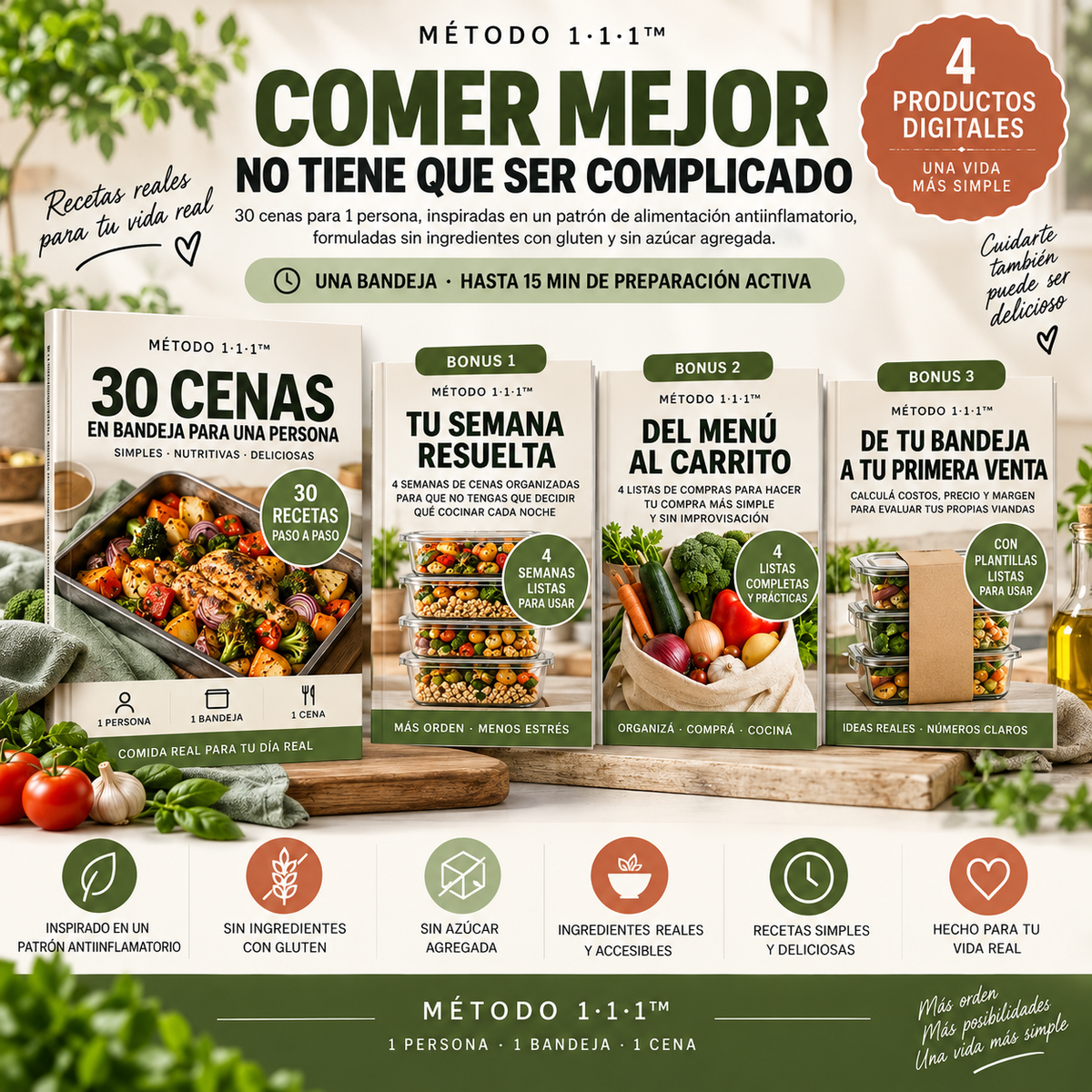 30 Cenas Antiinflamatorias + 🎁 3 Bonus de regalo.
Comer mejor no tiene que ser complicado.